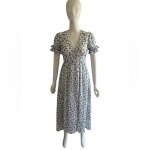 Since Then White Blue Floral Print Long Puff Sleeve A-line  Maxi Dress M V-neck